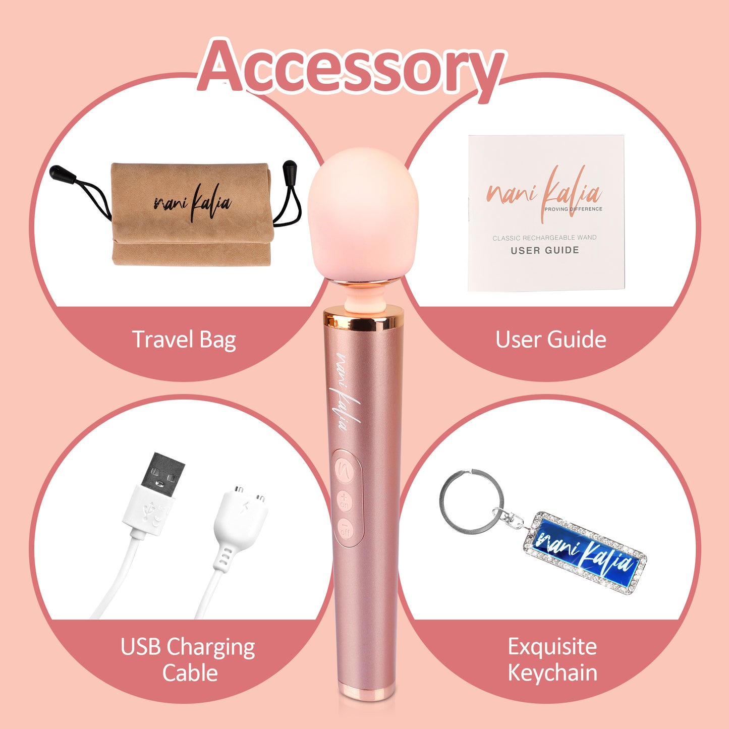 Nani Kalia Wand, Magnetic Rechargeable Waterproof Design 20 Vibration Mode Massager Fine-tuned Vibration Relaxation Function Soft High Quality Silicone (NK18 Rose Gold)