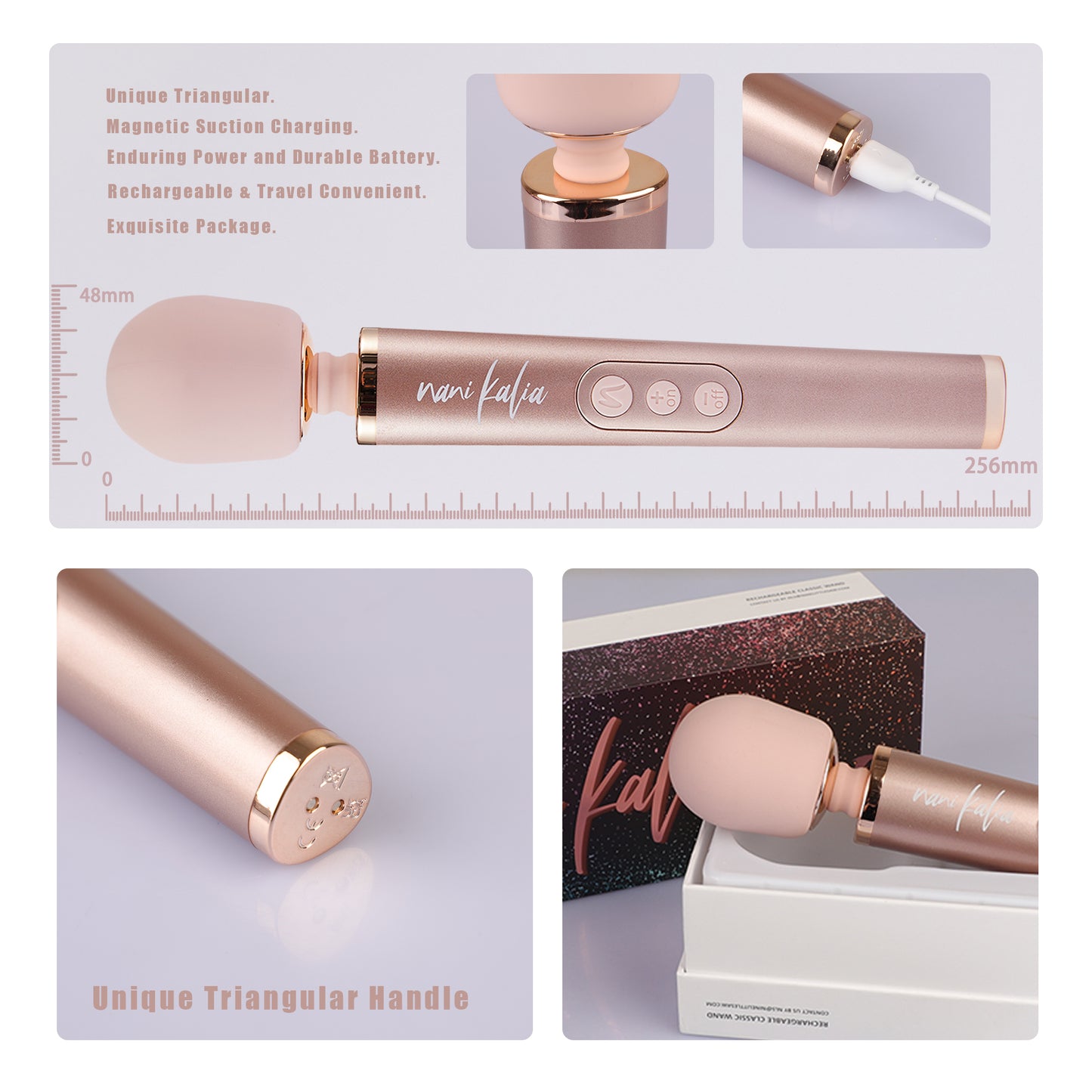 Nani Kalia Wand, Magnetic Rechargeable Waterproof Design 20 Vibration Mode Massager Fine-tuned Vibration Relaxation Function Soft High Quality Silicone (NK18 Rose Gold)